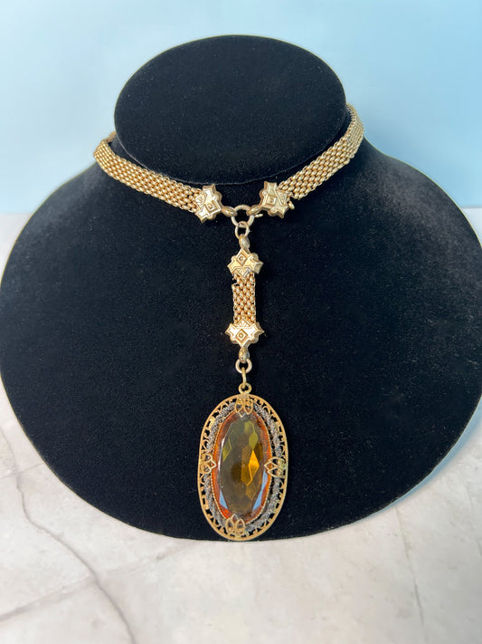 Book Chain Necklace with Czech Amber Crystal