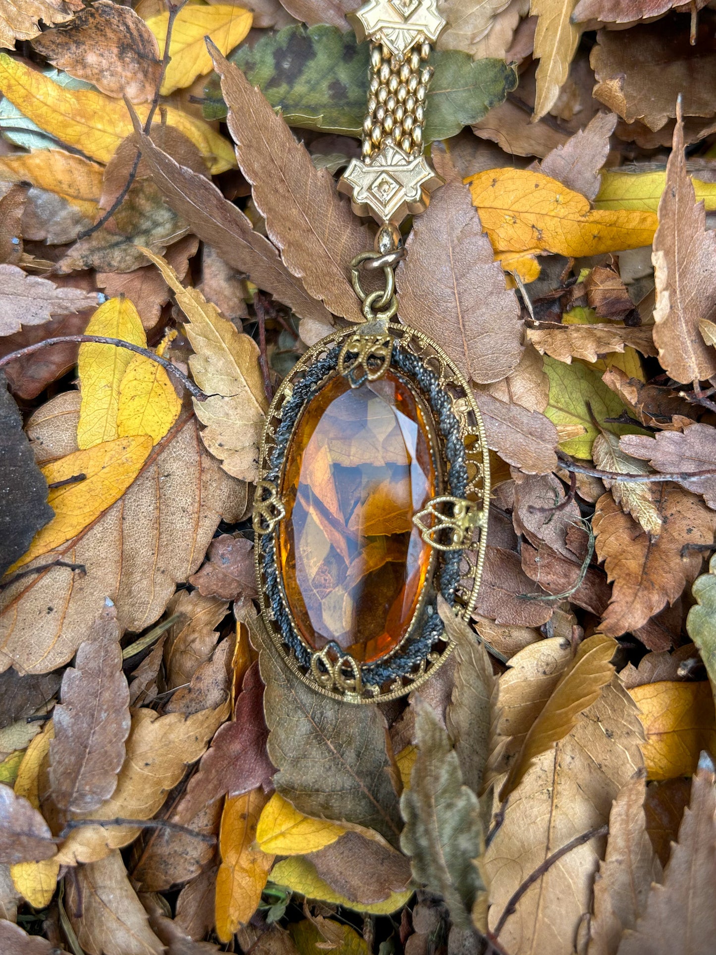 Book Chain Necklace with Czech Amber Crystal