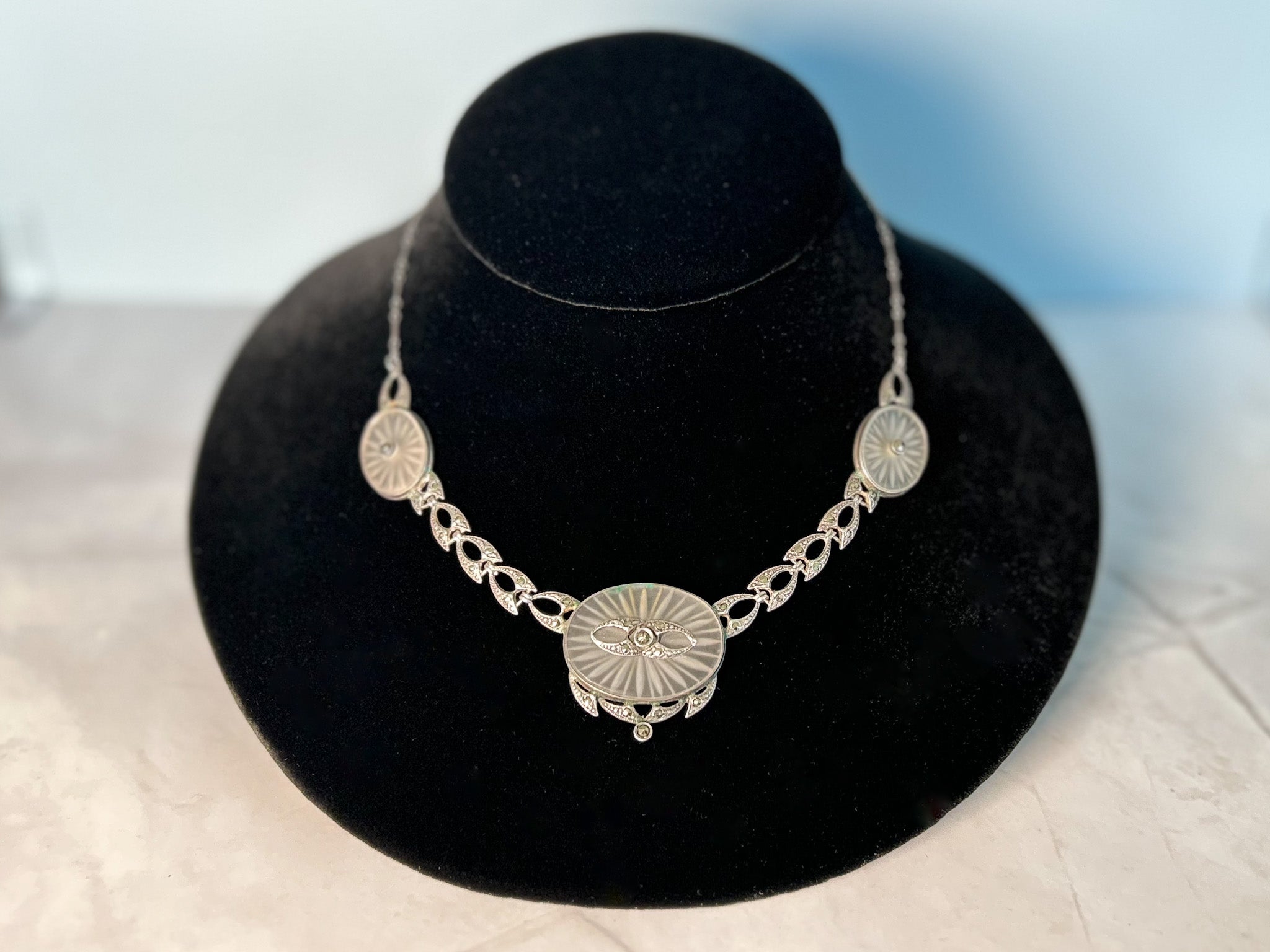Antique 14K Gold Camphor Glass & Diamond Milgrain Filigree Link Pendant  Necklace | Kin Jewellery