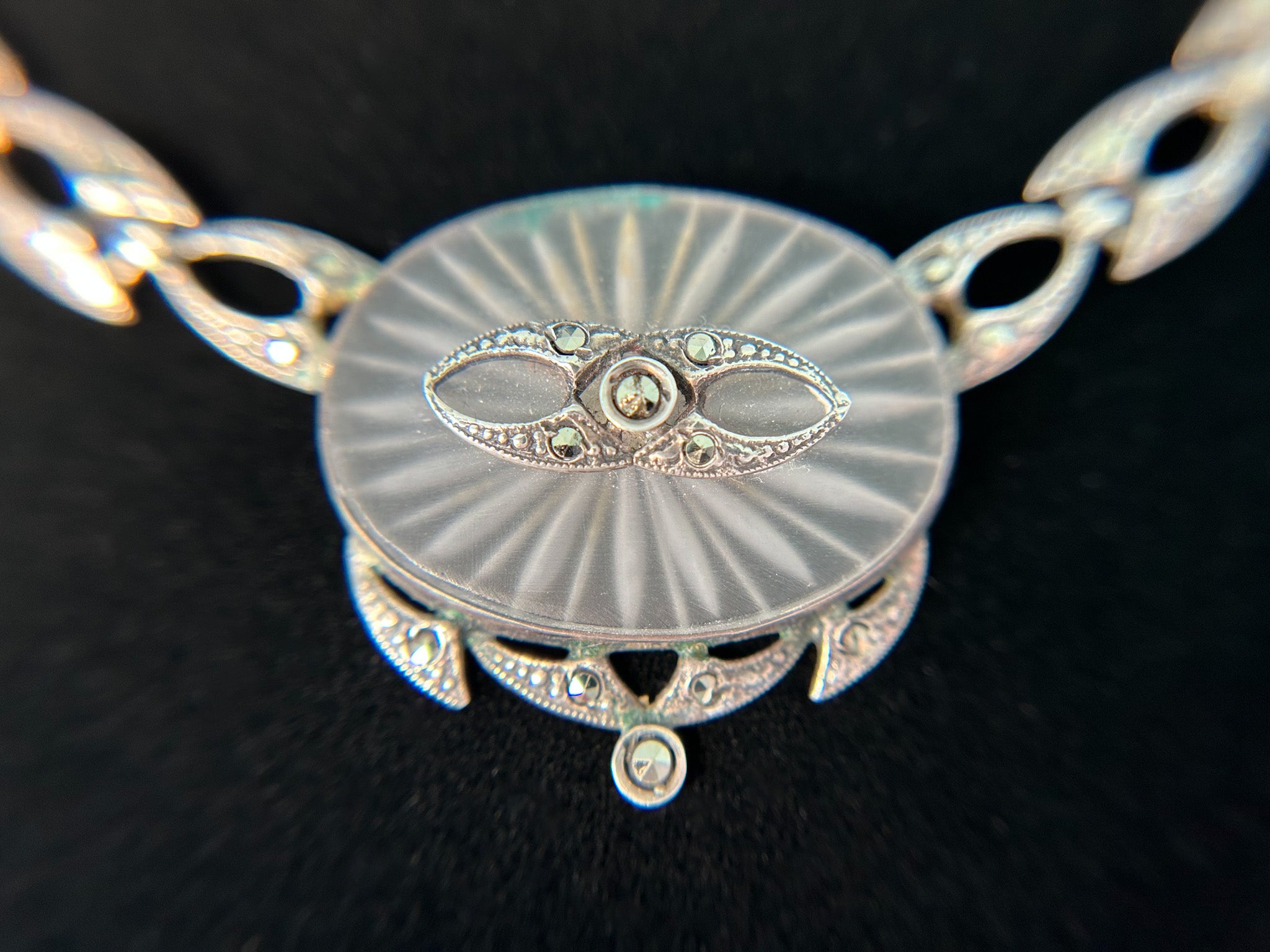 Antique Art Deco Diamond & Camphor Glass Flower Necklace