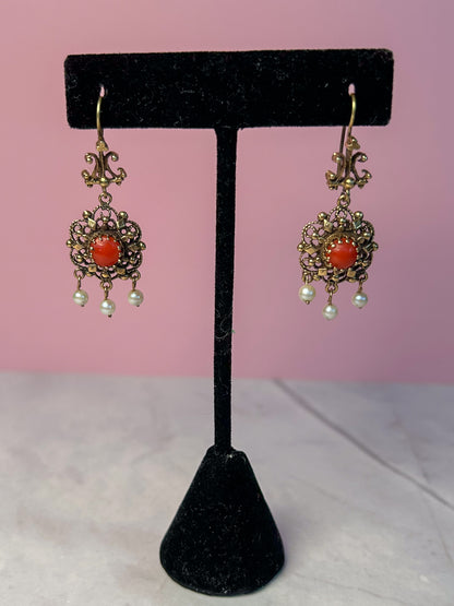 Coral & Pearl drop earrings